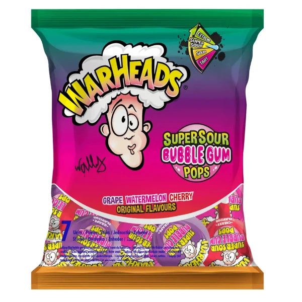 Warheads Super Sour Bubble Gum Pops Grape Watermelon&Cherry 15 gr