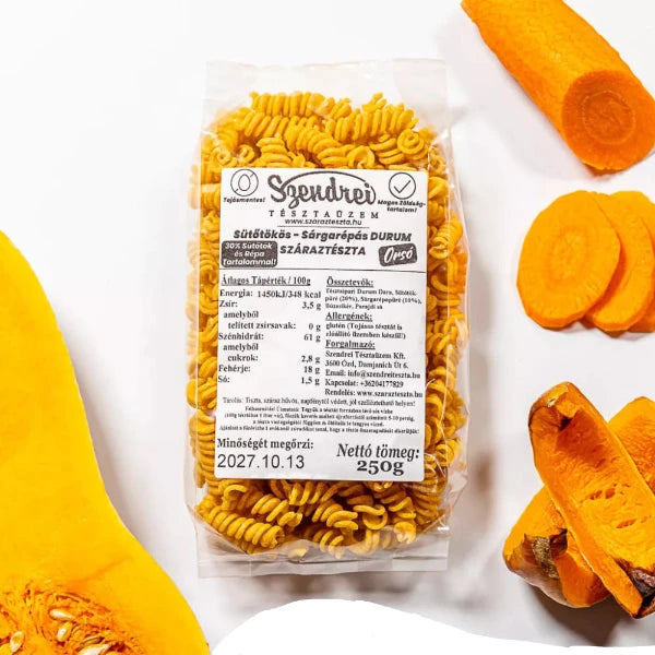 Durum Szendrei Sütőtökös - Sárgarépás Orsó Száraztészta 250gr. - 30% zöldségtartalommal