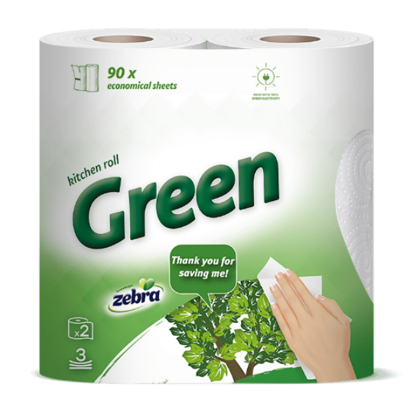 ZEBRA GREEN, Konyhai kéztörlő 3 réteg, 2 tekercs, 180 lap